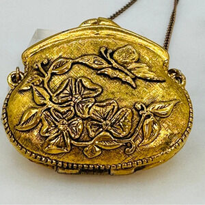 Vintage Corday Perfume Purse Necklace Butterfly Gold Tone Signed 24” Chain